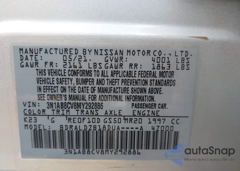 2021 Nissan Sentra Sv Xtronic Cvt from USA, damaged, VIN 3N1AB8CV8MY292886